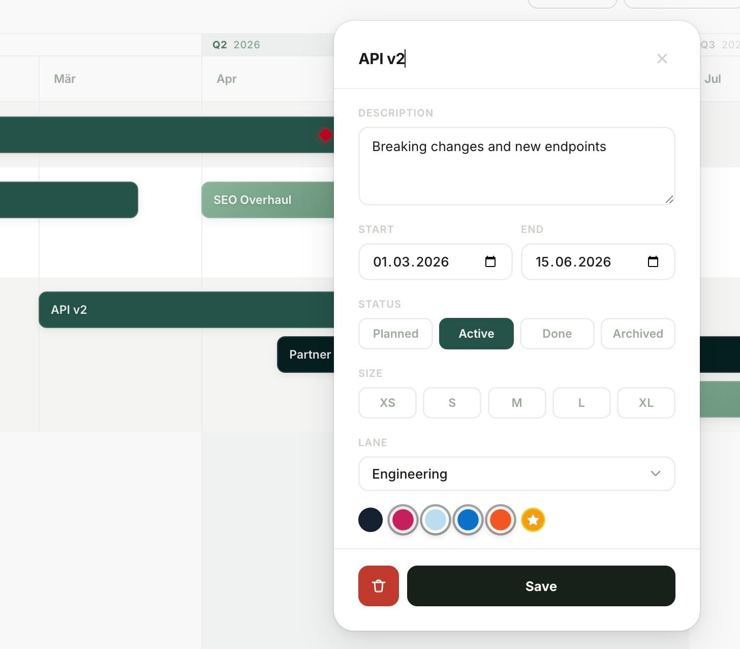 flowlane Quick-Edit-Popover: Titel, Zeitraum, Status und Teamfarbe direkt am Projektbalken bearbeiten