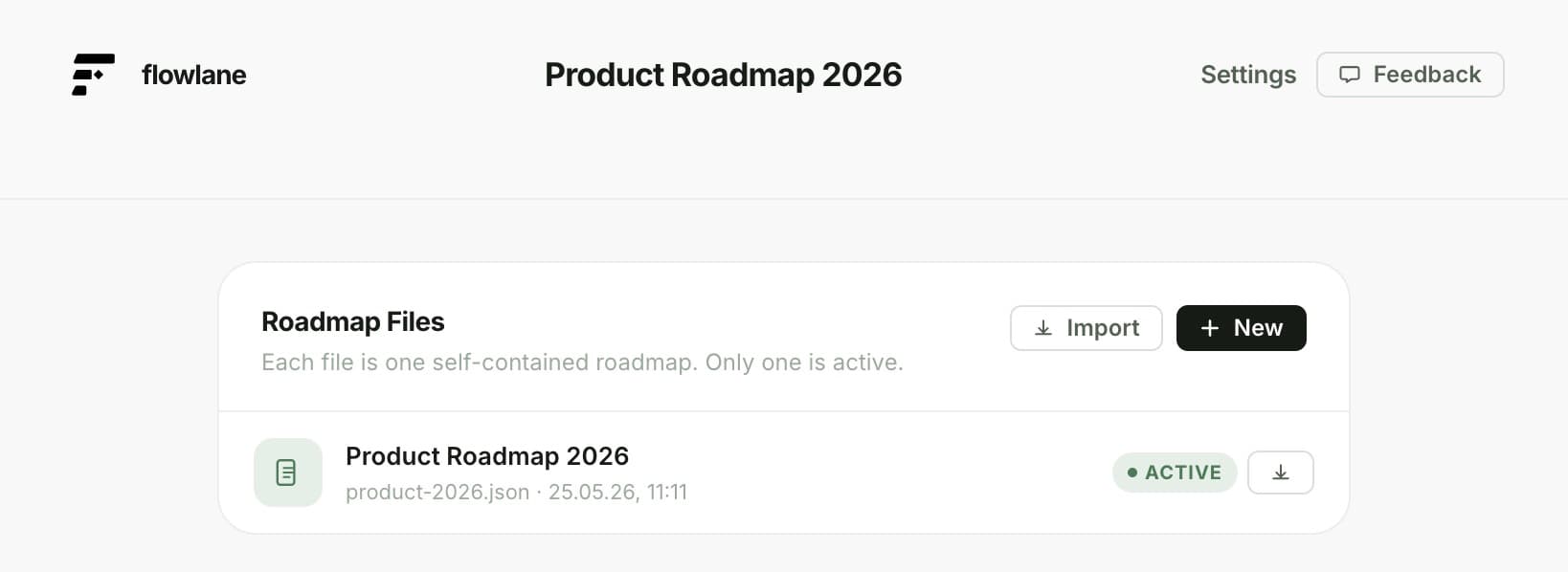 flowlane Einstellungen: Roadmaps verwalten, exportieren und importieren